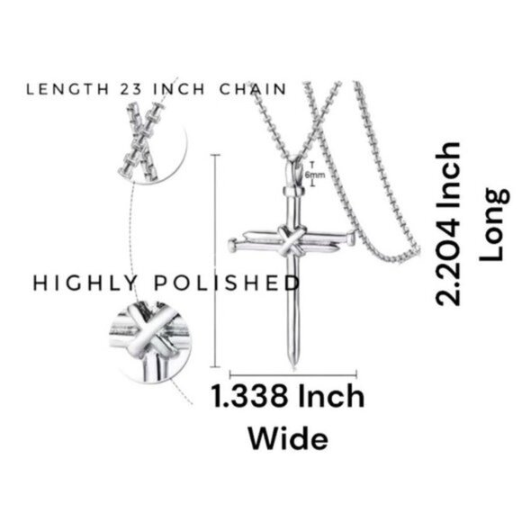 Cross 3 Nail Necklace Religious Statement Piece Pendant Chain w Gift Pouch Black - Picture 5 of 16